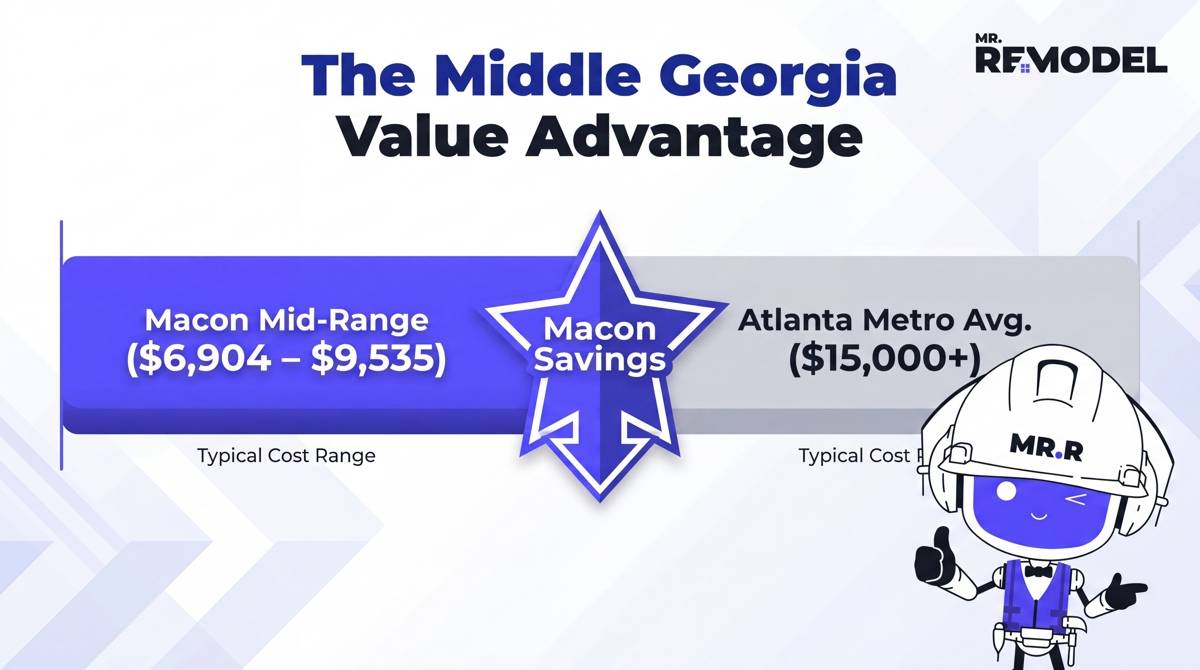 A cost comparison infographic showing that bathroom remodeling in Macon is significantly more affordable than in the Atlanta metro area.